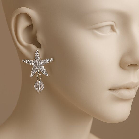 Swarovski Crystal Starfish Earrings 0.4"x0.75" - Sterling Silver Overlay Jewelry - Picture 1 of 8